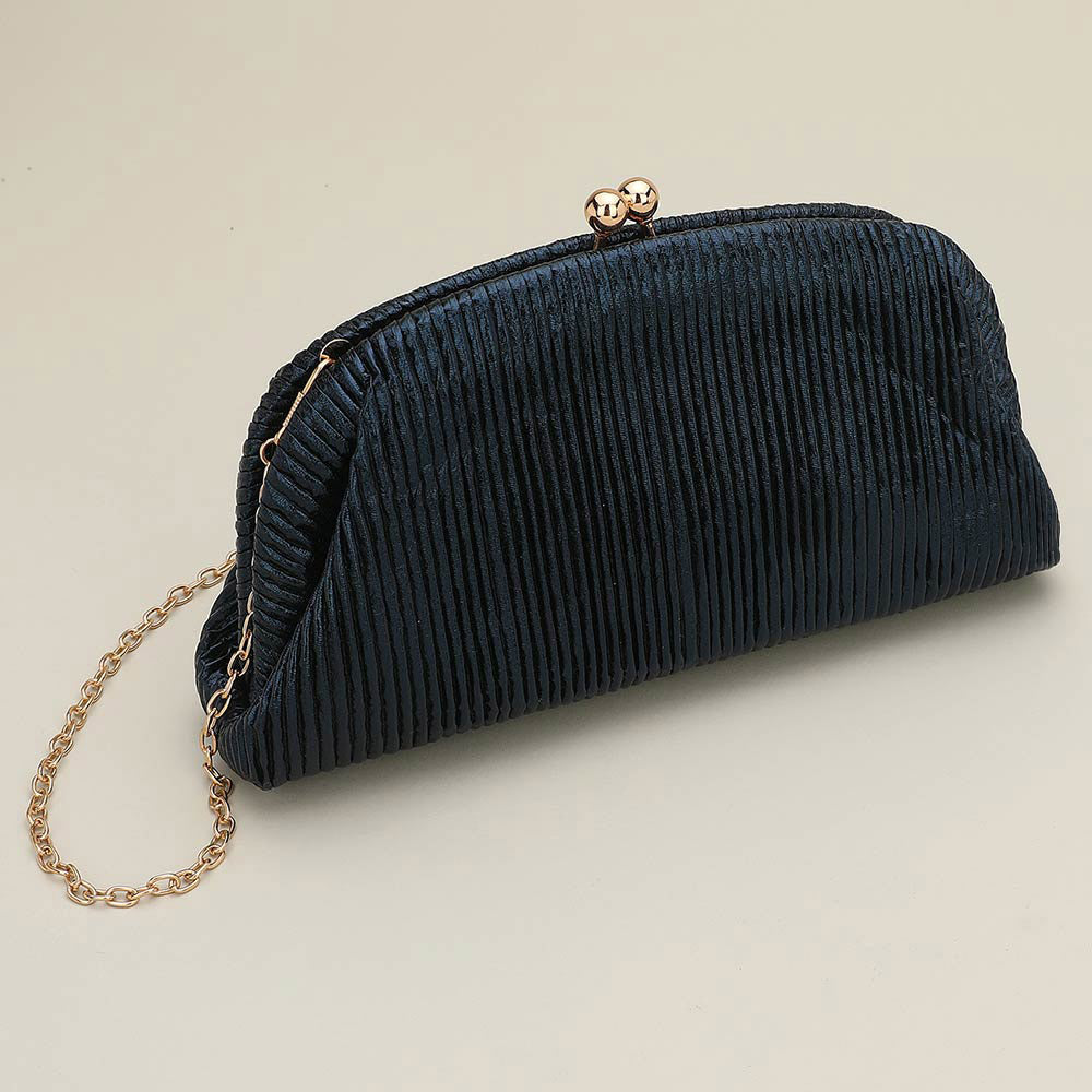 Madeline Love Blue, Dark Faux Leather Metallic Pleated Half Moon Shape Evening Clutch Crossbody Bag - Bags & Wallets
