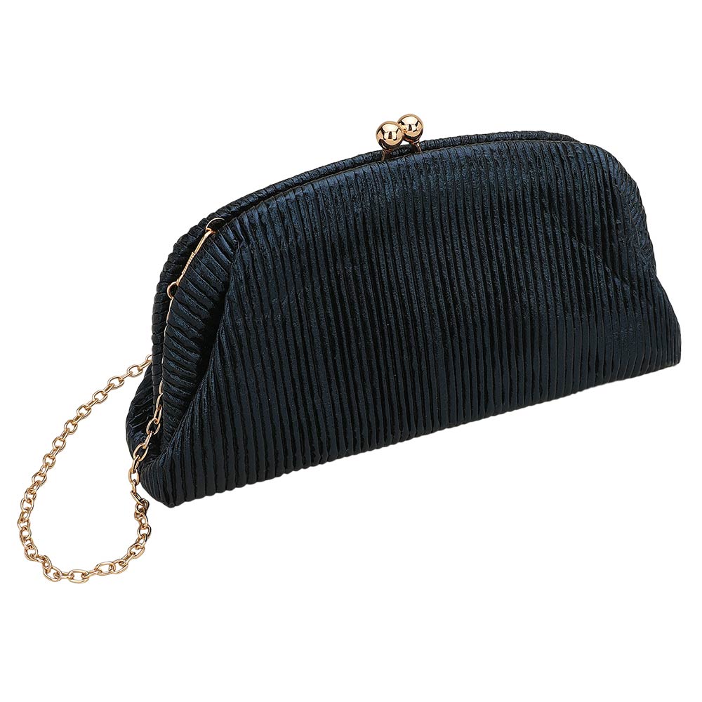 Madeline Love Blue, Dark Faux Leather Metallic Pleated Half Moon Shape Evening Clutch Crossbody Bag - Bags & Wallets - extra