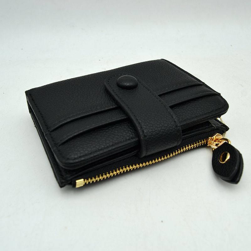 Pebbled Card Holder Wallet with Snap Button Strap and Zipper Pocket - Black - Bags & Wallets