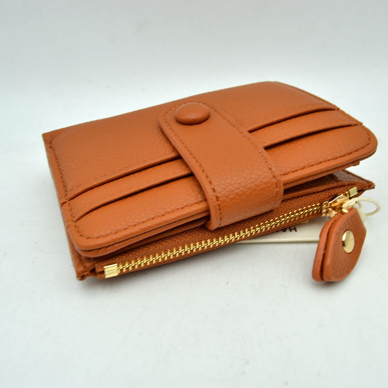 Pebbled Card Holder Wallet with Snap Button Strap and Zipper Pocket - Brown - Bags & Wallets
