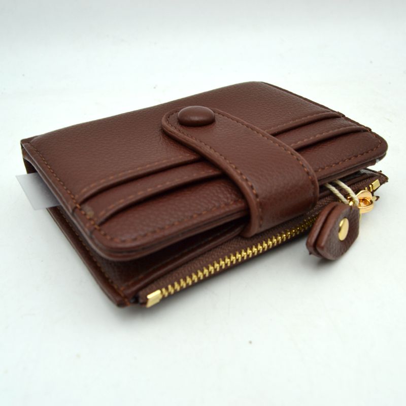 Pebbled Card Holder Wallet with Snap Button Strap and Zipper Pocket - Coffee - Bags & Wallets