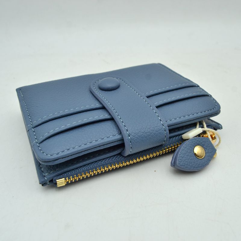 Pebbled Card Holder Wallet with Snap Button Strap and Zipper Pocket - Dark-blue - Bags & Wallets