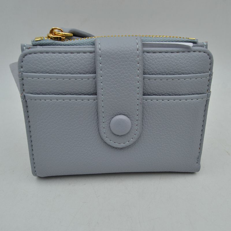 Pebbled Card Holder Wallet with Snap Button Strap and Zipper Pocket - Grey - Bags & Wallets