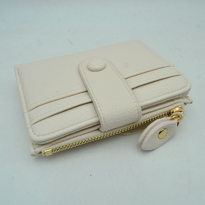 Pebbled Card Holder Wallet with Snap Button Strap and Zipper Pocket - Ivory - Bags & Wallets