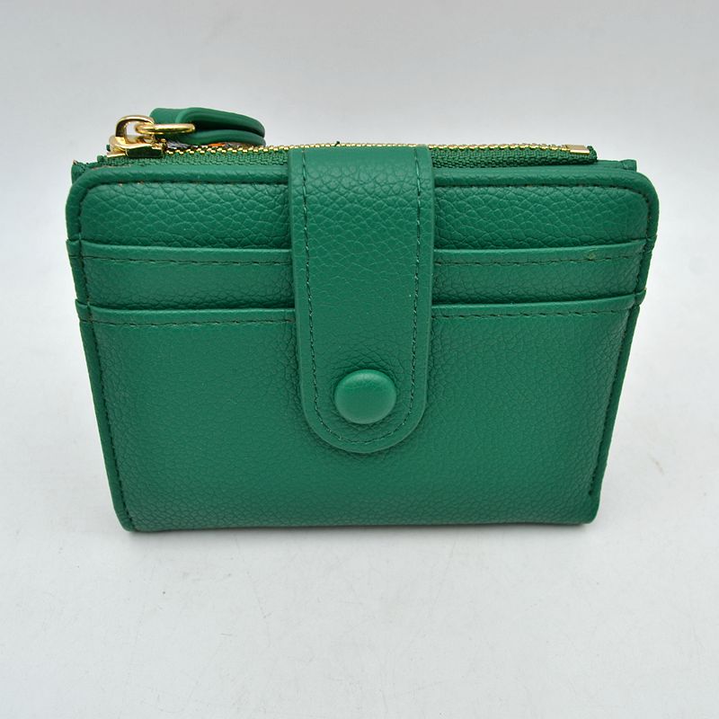 Pebbled Card Holder Wallet with Snap Button Strap and Zipper Pocket - Kelly-green - Bags & Wallets