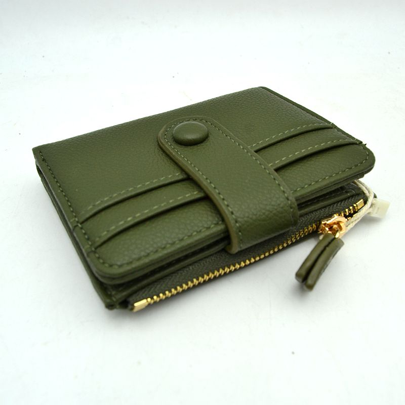 Pebbled Card Holder Wallet with Snap Button Strap and Zipper Pocket - Olive - Bags & Wallets