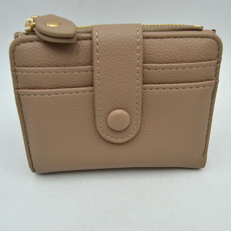 Pebbled Card Holder Wallet with Snap Button Strap and Zipper Pocket - Taupe - Bags & Wallets