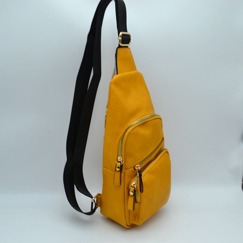 Multi-Zipper Crossbody Sling Bag with Adjustable Strap - Mustard - Sling Bag