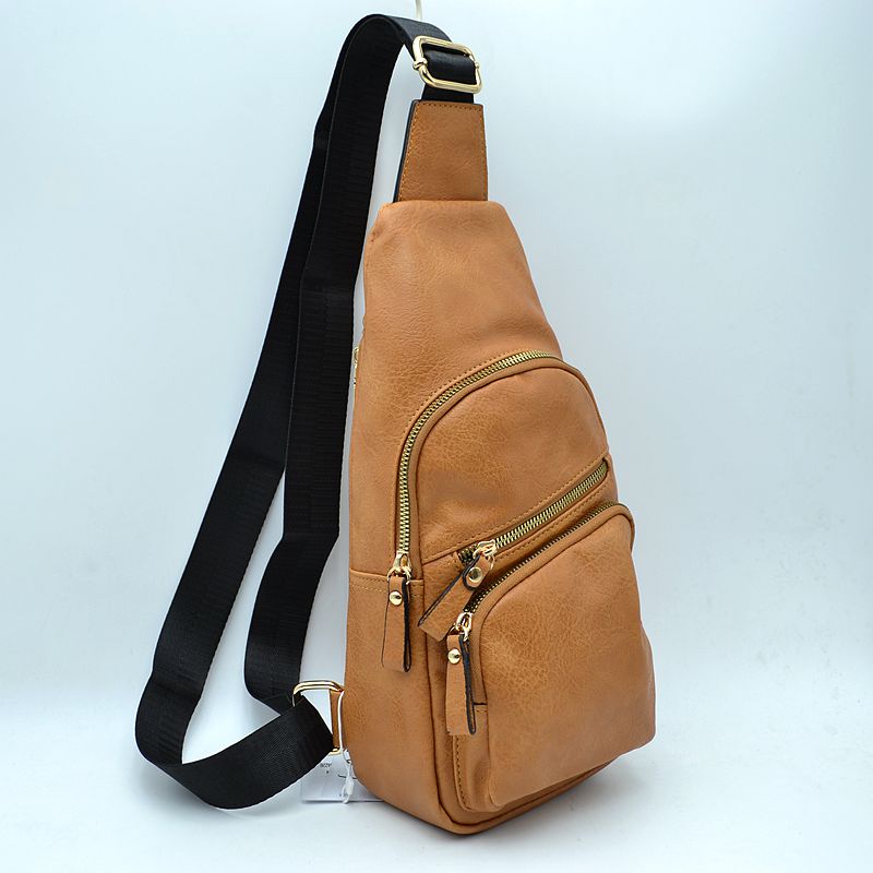 Multi-Zipper Crossbody Sling Bag with Adjustable Strap - Tan - Sling Bag