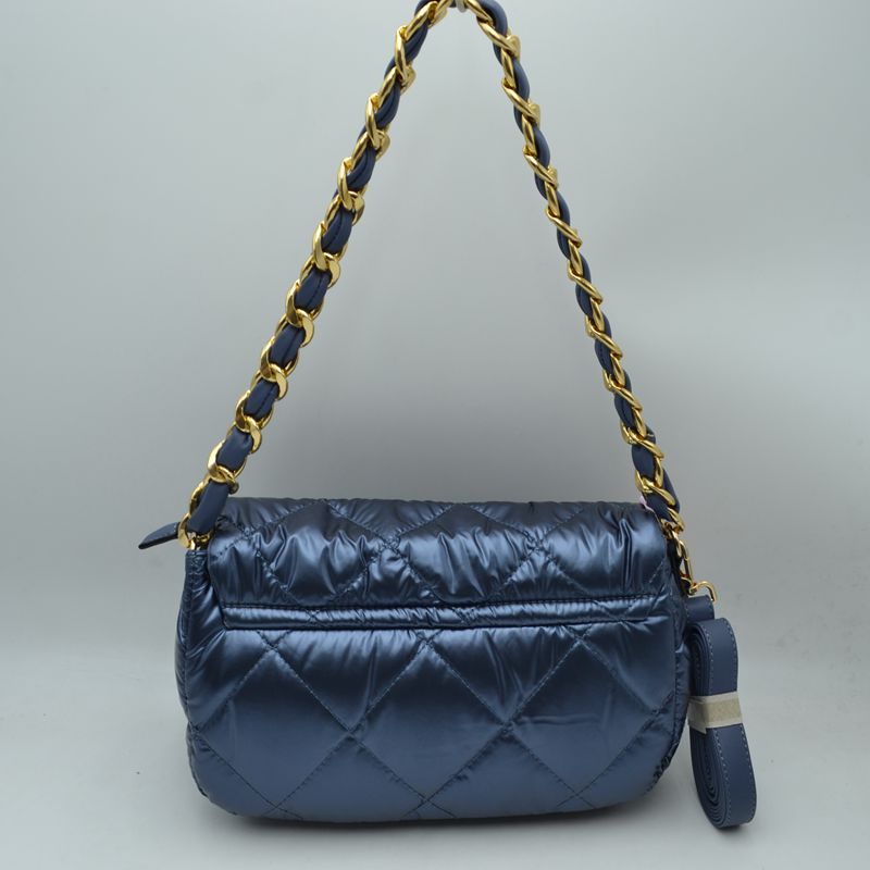 Quilted Metallic Puffer Shoulder Bag with Woven Chain Strap - Wine - Shoulder Bag