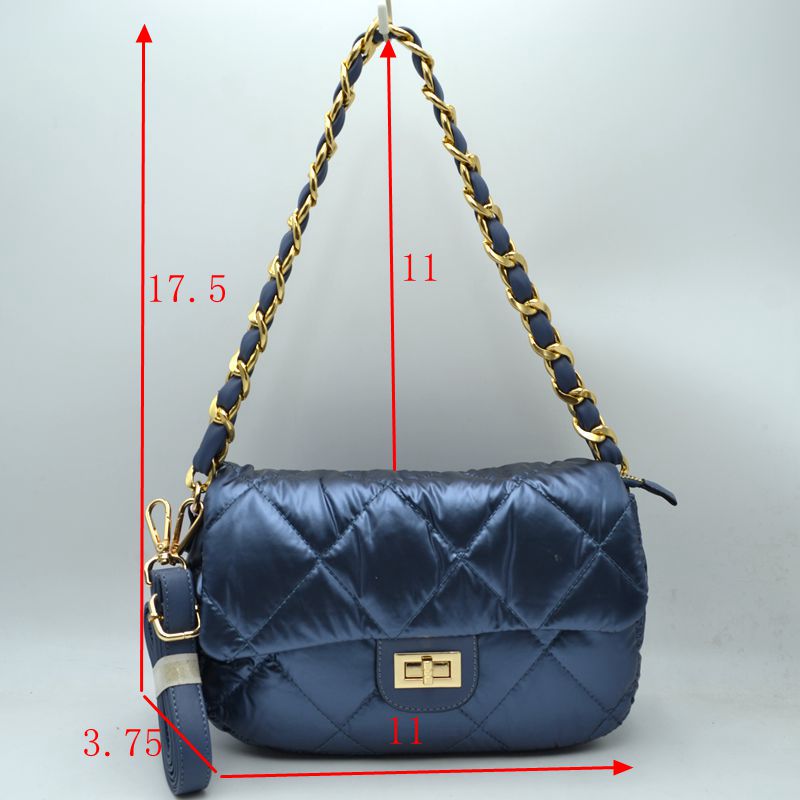 Quilted Metallic Puffer Shoulder Bag with Woven Chain Strap - Wine - Shoulder Bag