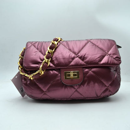 Quilted Metallic Puffer Shoulder Bag with Woven Chain Strap - Wine - Shoulder Bag