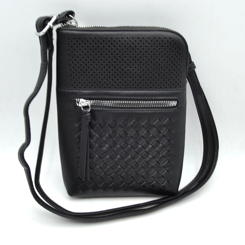 Crossbody Bag with Perforated Panel and Woven Front Detail - Black - Cross Body Bag