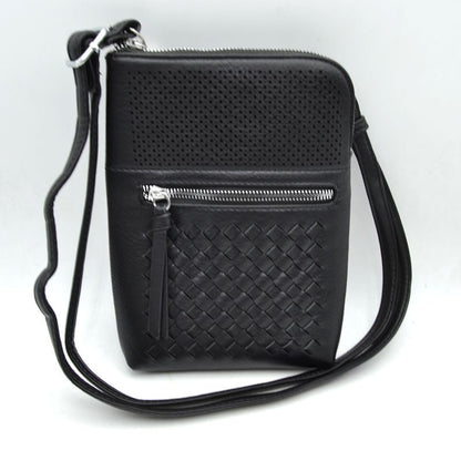 Crossbody Bag with Perforated Panel and Woven Front Detail - Black - Cross Body Bag