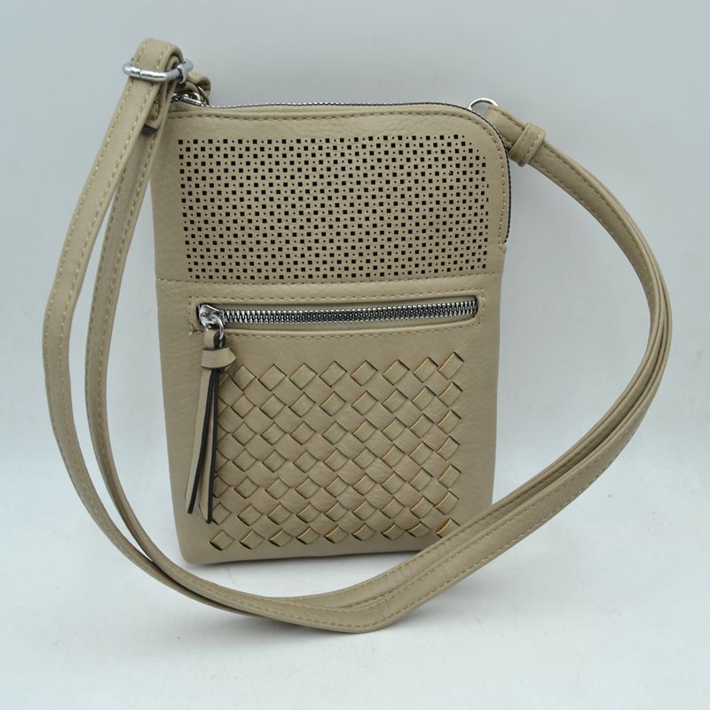 Crossbody Bag with Perforated Panel and Woven Front Detail - Stone - Cross Body Bag