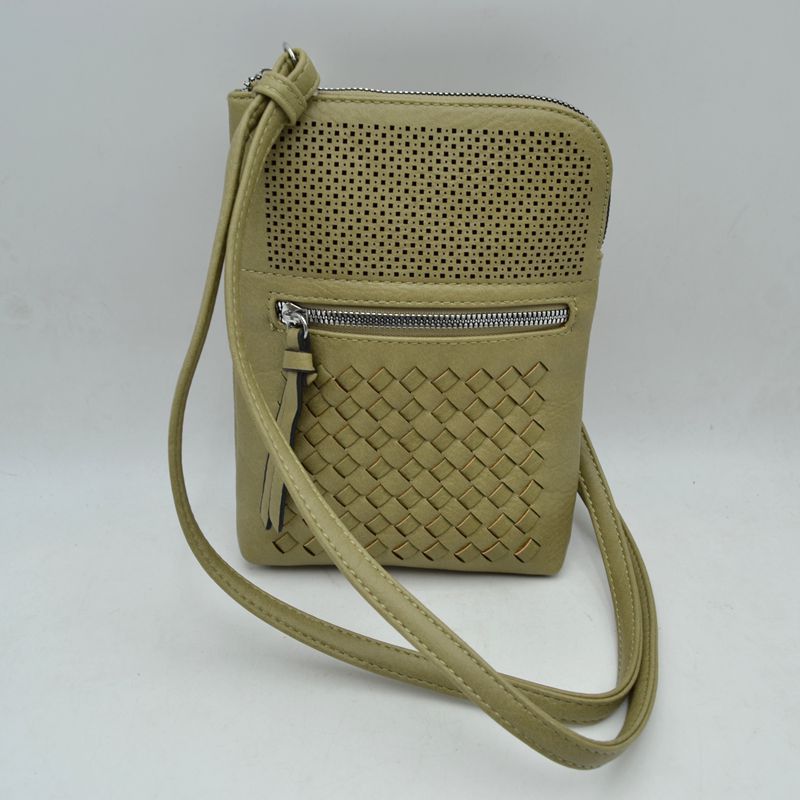 Crossbody Bag with Perforated Panel and Woven Front Detail - Sage Green - Cross Body Bag
