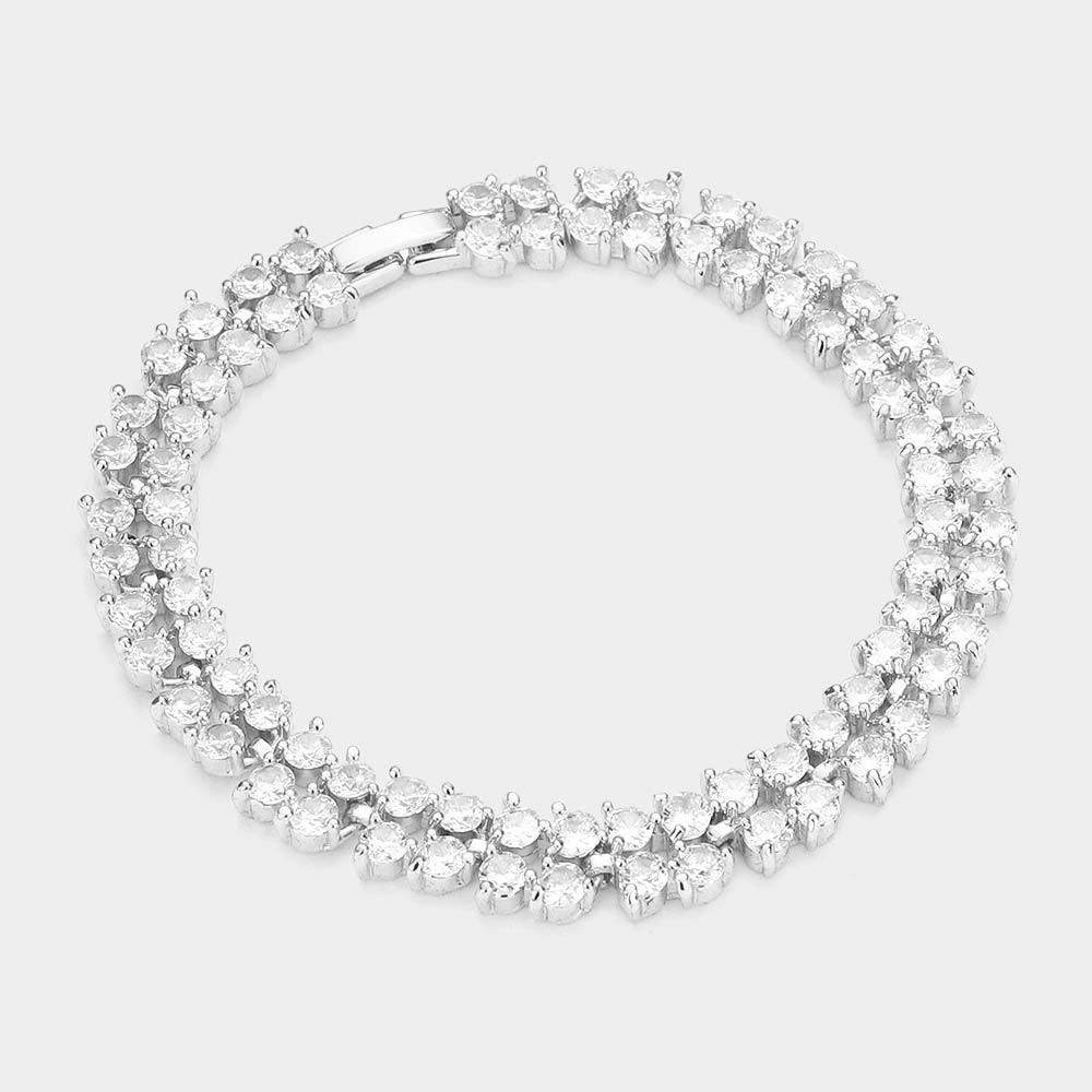 Madeline Love Silver 2Rows CZ Round Cluster Evening Bracelet