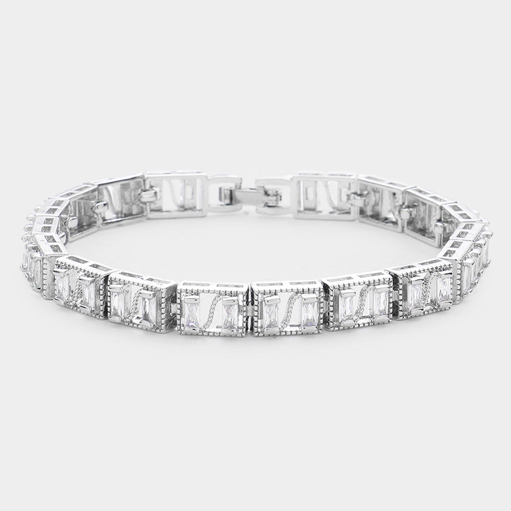Madeline Love Silver Baguette Round CZ Stone Accented Evening Bracelet - Bracelets