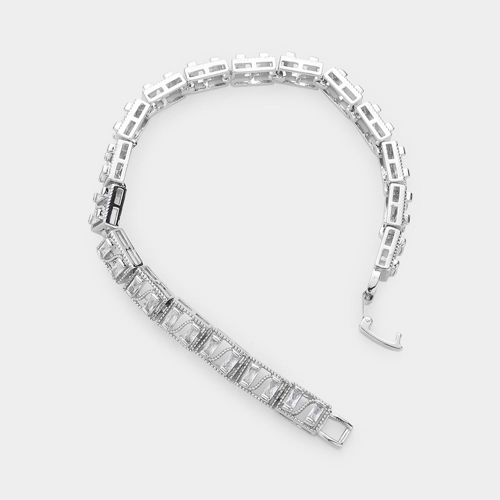 Madeline Love Silver Baguette Round CZ Stone Accented Evening Bracelet - Bracelets - desc