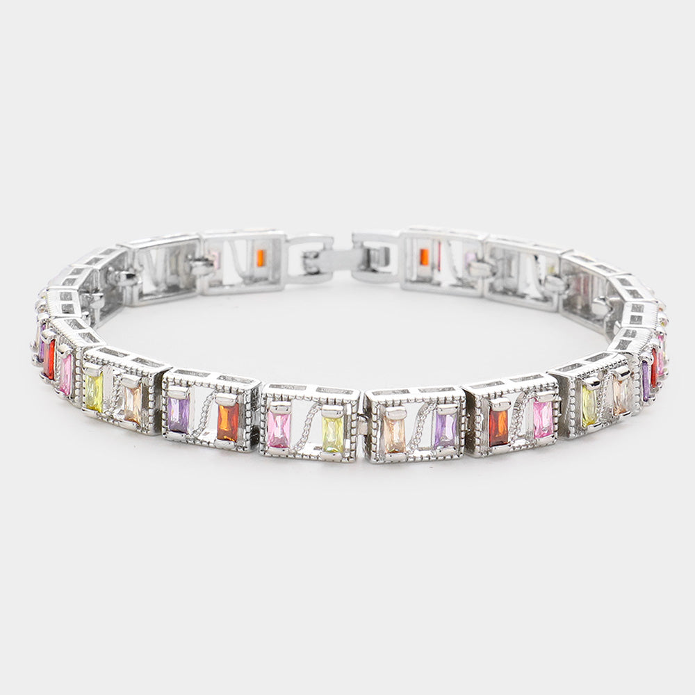 Madeline Love Multi, Silver Baguette Round CZ Stone Accented Evening Bracelet - Bracelets
