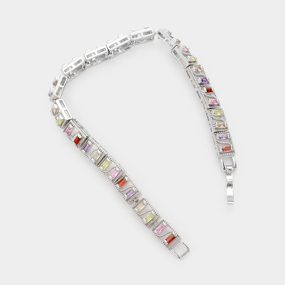 Madeline Love Multi, Silver Baguette Round CZ Stone Accented Evening Bracelet - Bracelets - desc