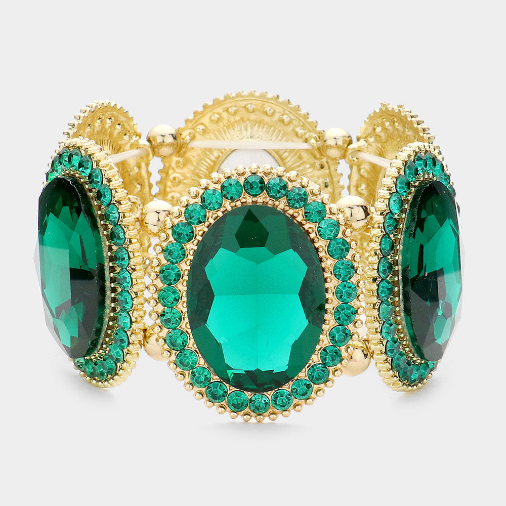 Madeline Love Green Pave Trim Crystal Oval Stone Stretch Evening Bracelet - Bracelets