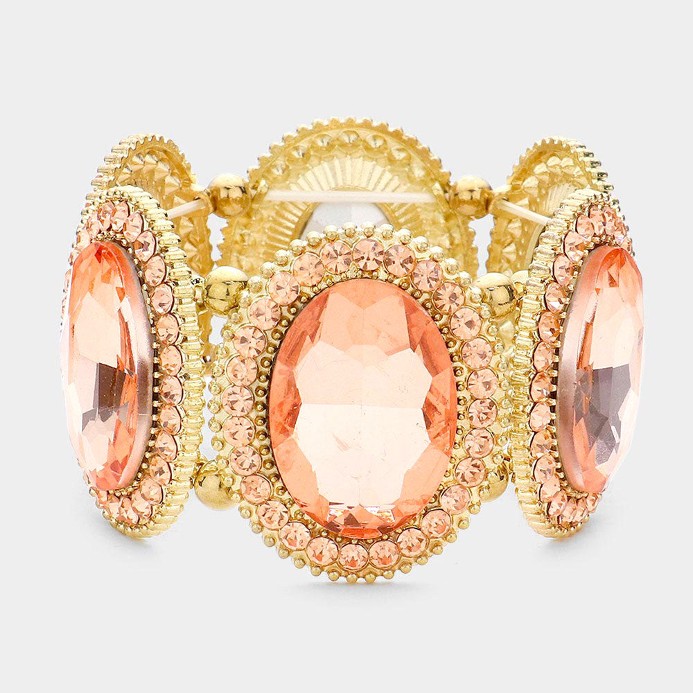 Madeline Love Peach Pave Trim Crystal Oval Stone Stretch Evening Bracelet - Bracelets