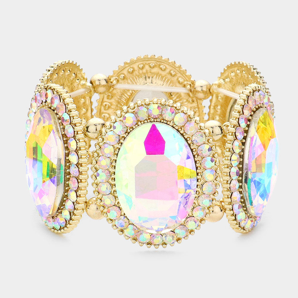 Madeline Love AB, Gold Pave Trim Crystal Oval Stone Stretch Evening Bracelet - Bracelets