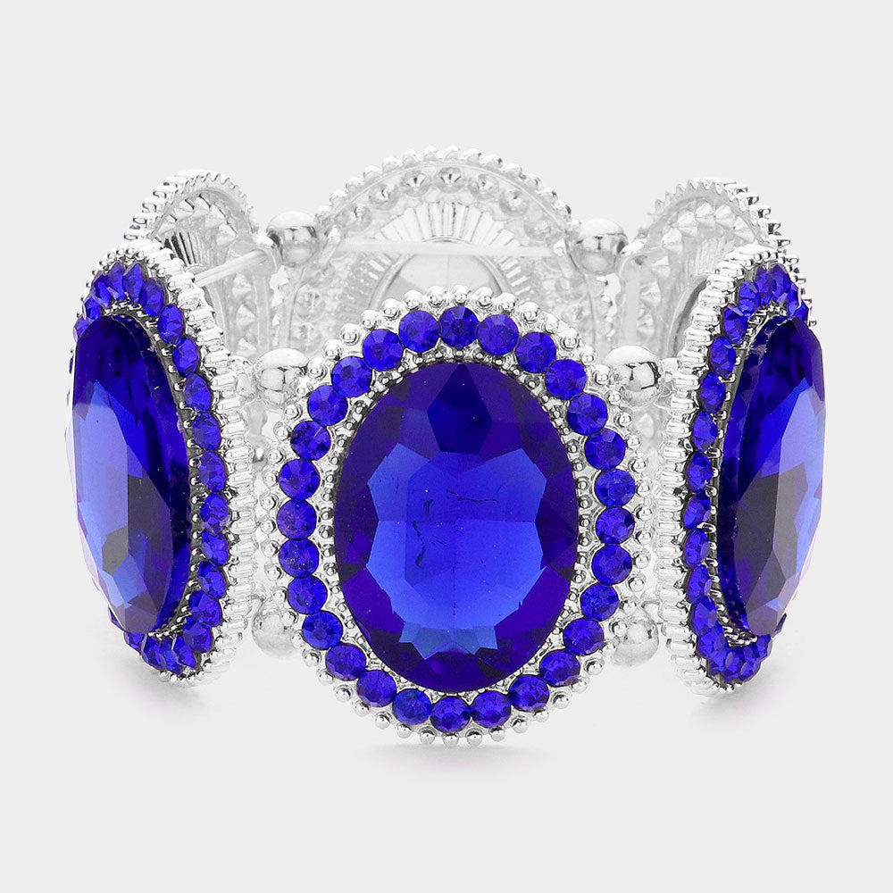 Madeline Love Sapphire, Silver Pave Trim Crystal Oval Stone Stretch Evening Bracelet - Bracelets
