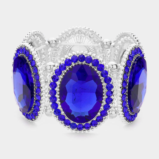 Madeline Love Sapphire, Silver Pave Trim Crystal Oval Stone Stretch Evening Bracelet - Bracelets