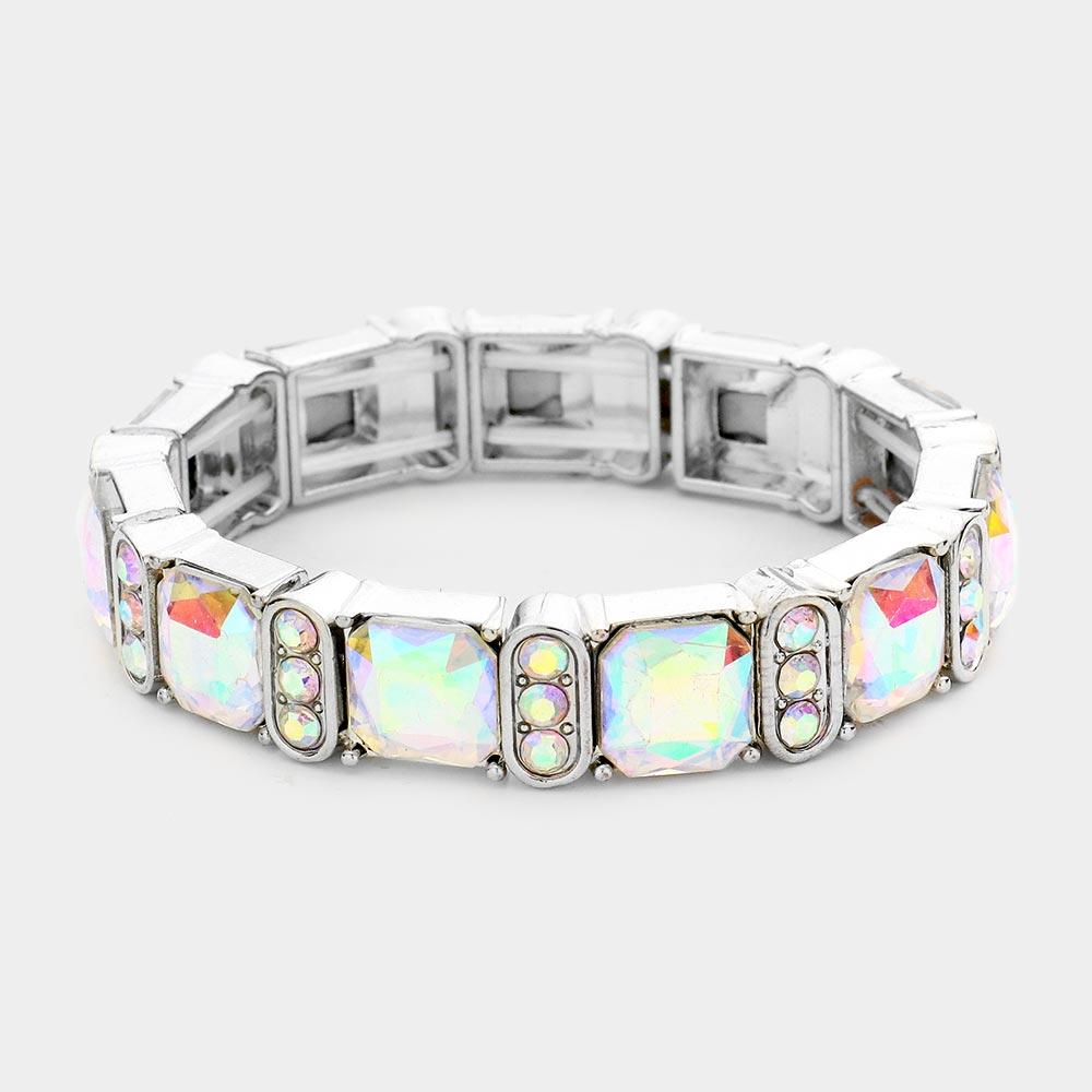 Madeline Love AB, Silver Asscher Stone Accented Stretch Evening Bracelet - Bracelets