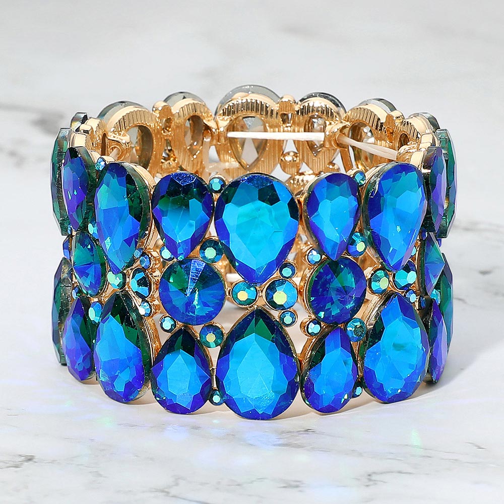 Madeline Love AB, Blue, Gold Teardrop Crystal Stretch Evening Bracelet