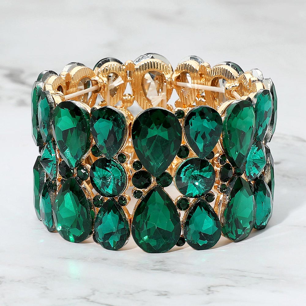 Madeline Love Gold, Green Teardrop Crystal Stretch Evening Bracelet