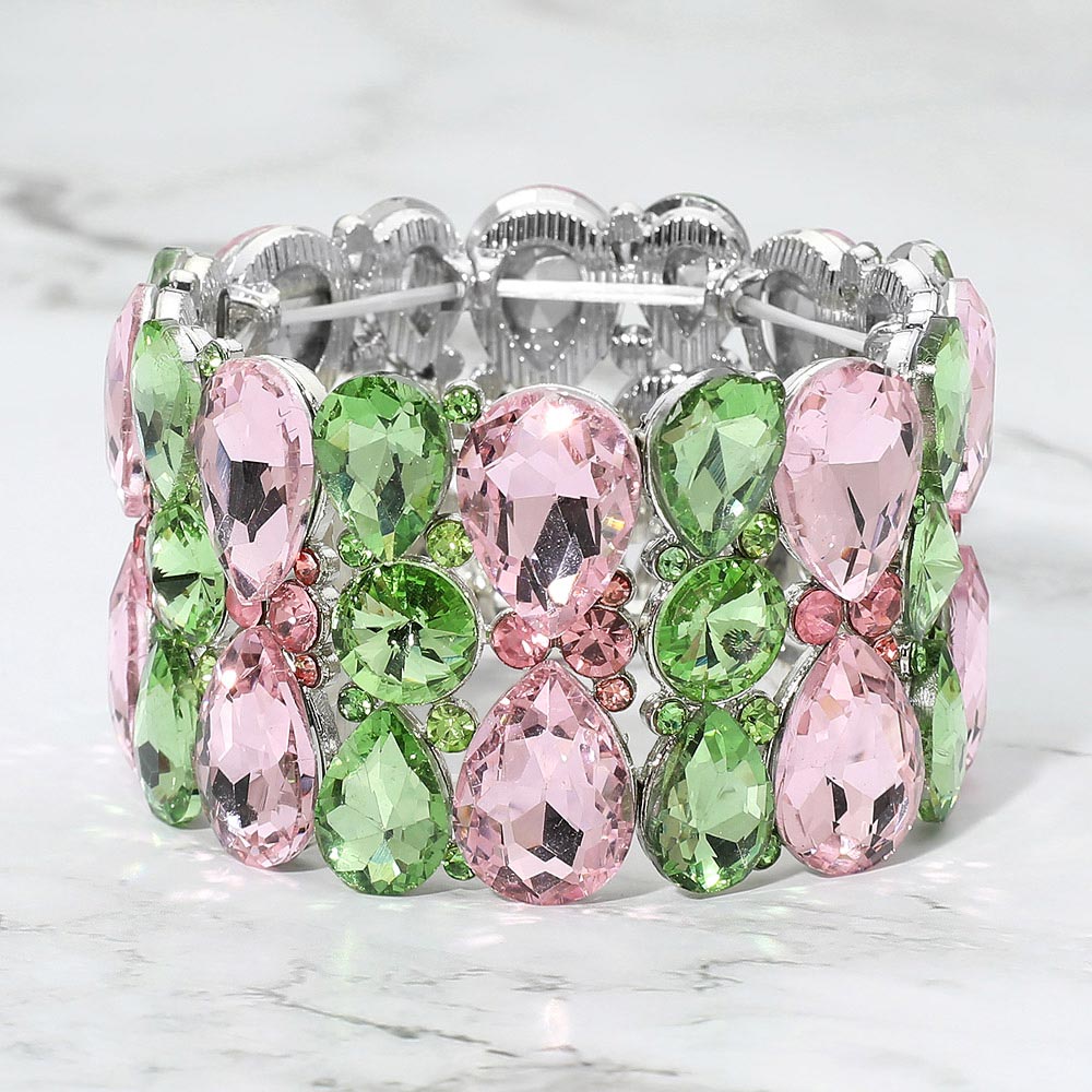 Madeline Love Pink&Green, Silver Teardrop Crystal Stretch Evening Bracelet