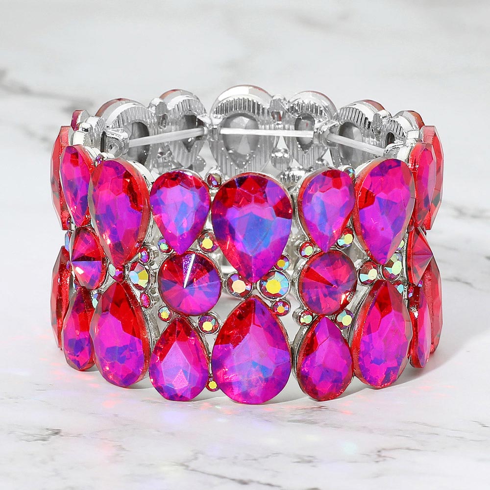 Madeline Love Fuchsia, Silver Teardrop Crystal Stretch Evening Bracelet