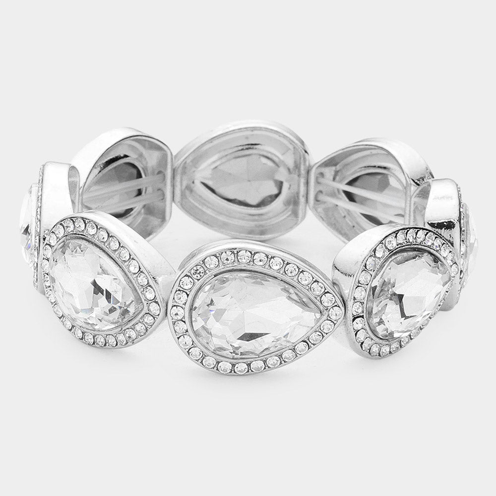 Madeline Love Silver Rhinestone Trim Teardrop Crystal Stretch Evening Bracelet - Bracelets