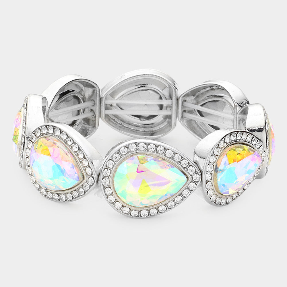 Madeline Love AB, Silver Rhinestone Trim Teardrop Crystal Stretch Evening Bracelet - Bracelets