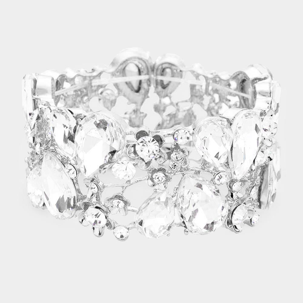 Madeline Love Clear, Silver Glass Crystal Teardrop Floral Stretch Evening Bracelet