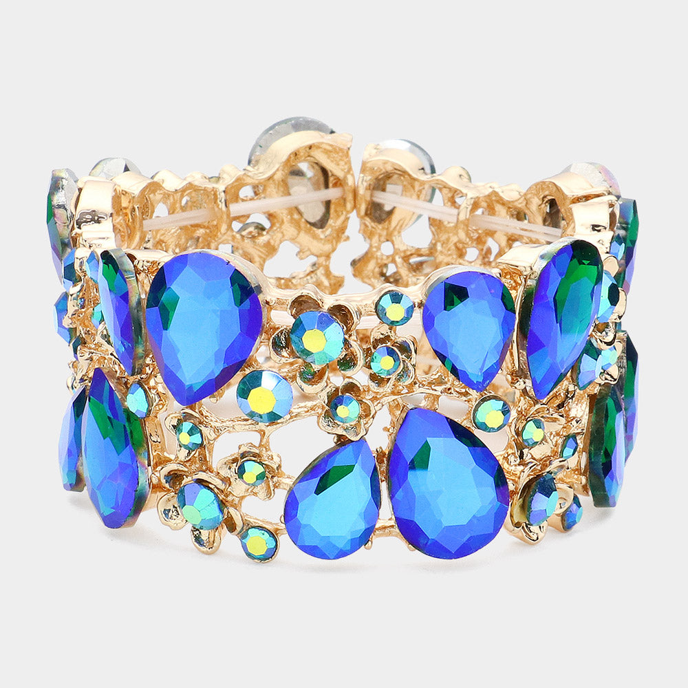 Madeline Love AB, Blue, Gold Glass Crystal Teardrop Floral Stretch Evening Bracelet