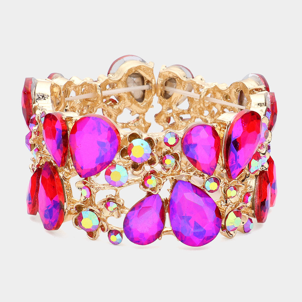 Madeline Love AB, Gold, Purple Glass Crystal Teardrop Floral Stretch Evening Bracelet