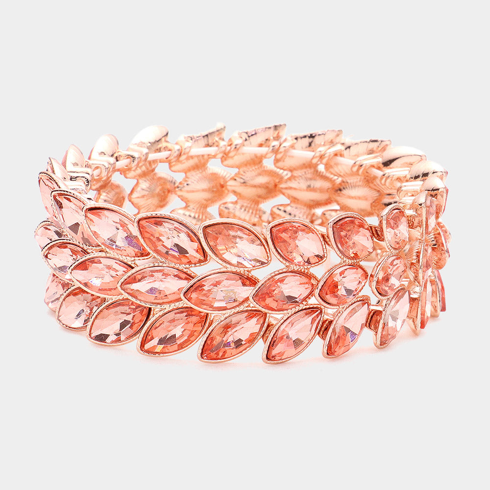 Madeline Love Peach 3Rows Marquise Stone Cluster Stretch Evening Bracelet - Bracelets