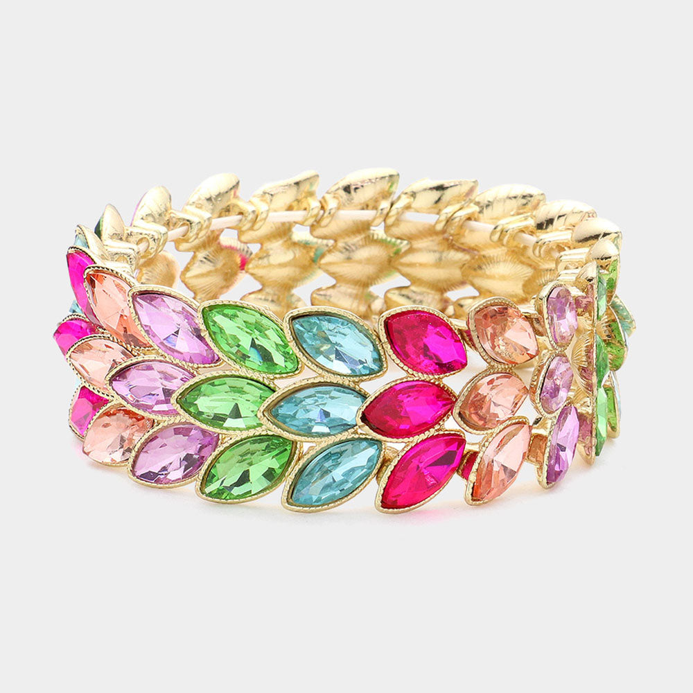 Madeline Love Gold, Multi 3Rows Marquise Stone Cluster Stretch Evening Bracelet - Bracelets