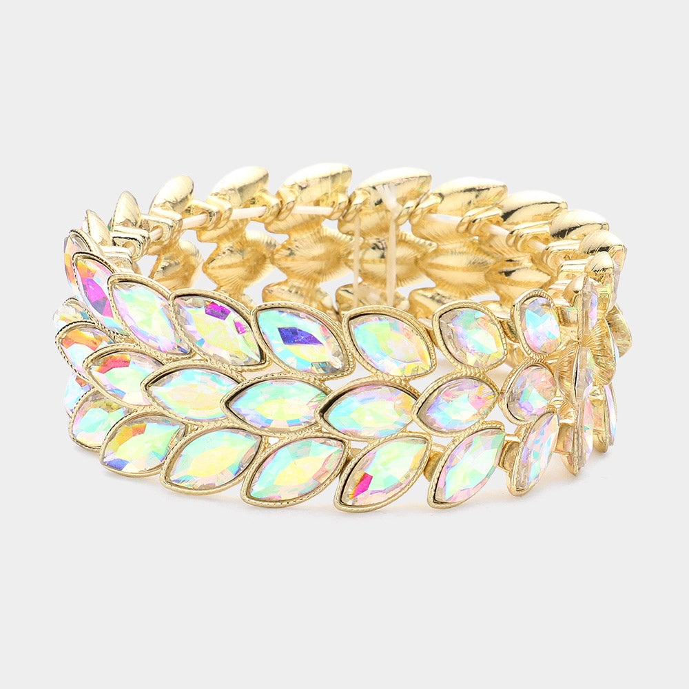 Madeline Love AB, Gold 3Rows Marquise Stone Cluster Stretch Evening Bracelet - Bracelets
