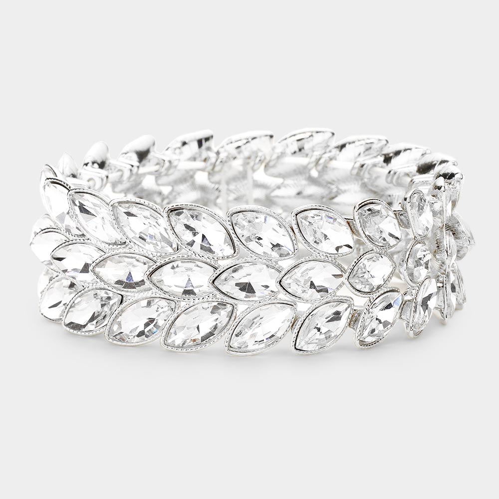Madeline Love Silver 3Rows Marquise Stone Cluster Stretch Evening Bracelet - Bracelets