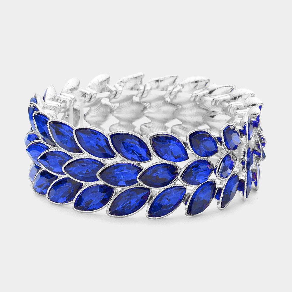 Madeline Love Sapphire, Silver 3Rows Marquise Stone Cluster Stretch Evening Bracelet - Bracelets