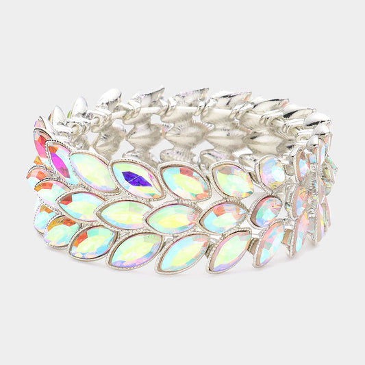 Madeline Love AB, Silver 3Rows Marquise Stone Cluster Stretch Evening Bracelet - Bracelets