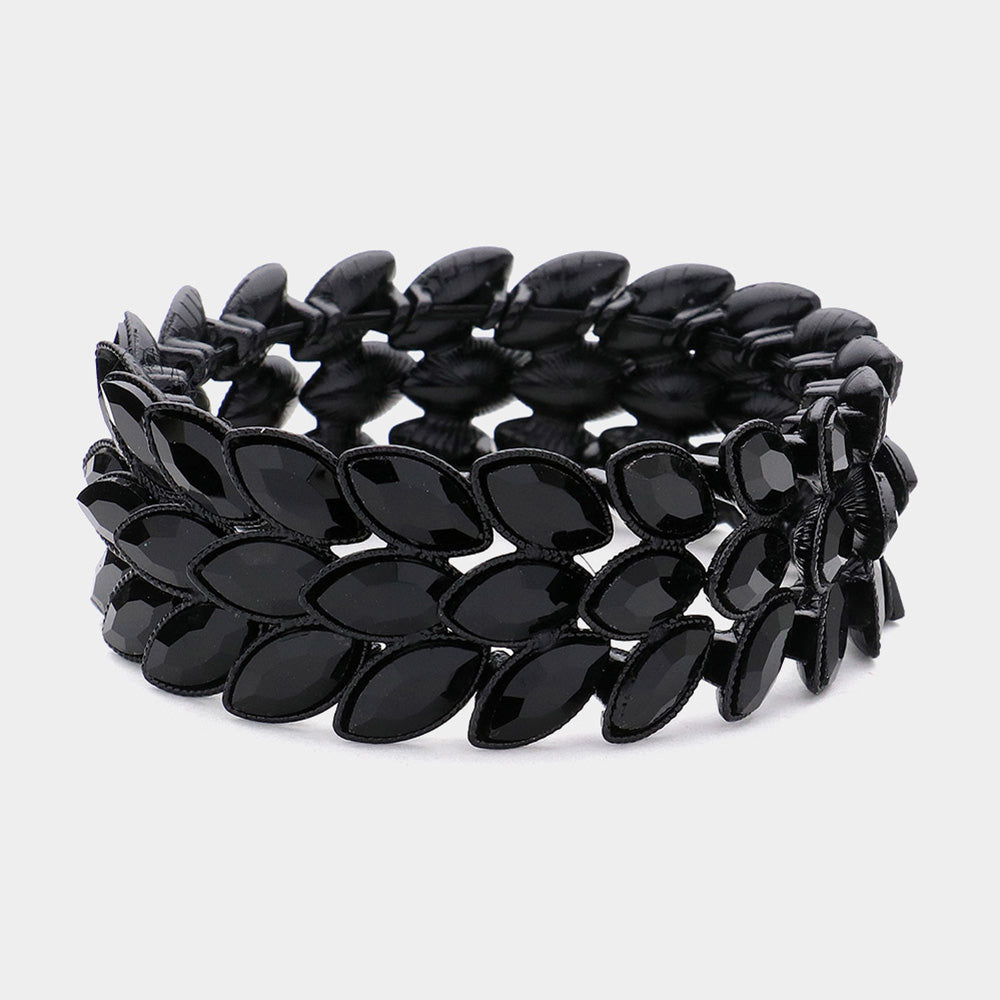 Madeline Love Jet Black 3Rows Marquise Stone Cluster Stretch Evening Bracelet - Bracelets