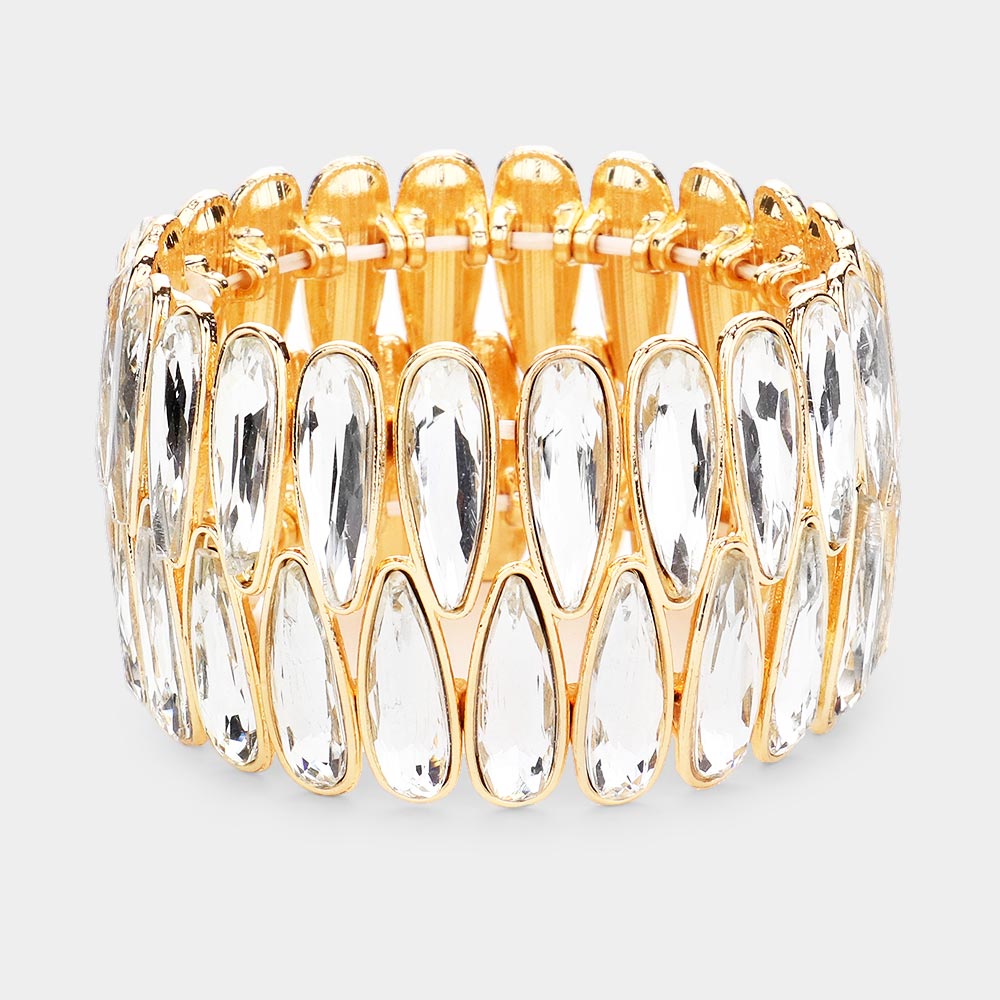 Madeline Love Clear, Gold 2Rows Elongated Teardrop Stone Cluster Stretch Evening Bracelet - Bracelets