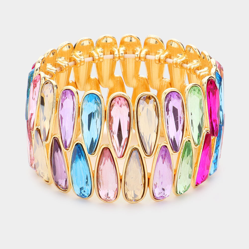 Madeline Love Gold, Multi 2Rows Elongated Teardrop Stone Cluster Stretch Evening Bracelet - Bracelets