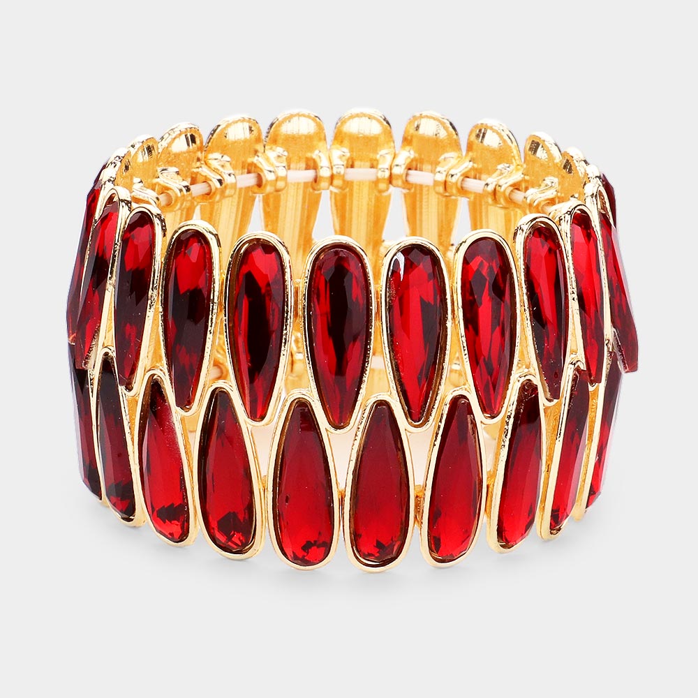 Madeline Love Gold, Red 2Rows Elongated Teardrop Stone Cluster Stretch Evening Bracelet - Bracelets
